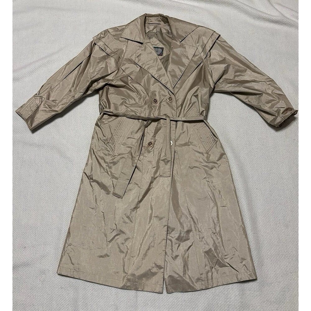 Vintage British Mist Rain Trench Coat Petite 11/12 Champagne Beige Belted